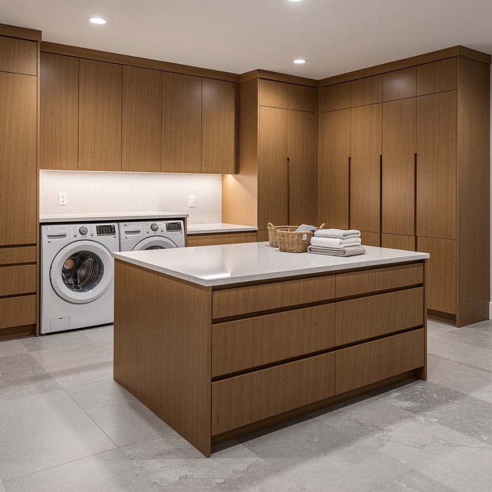 Basement laundry room with peninsula island and built-in storage drawers below