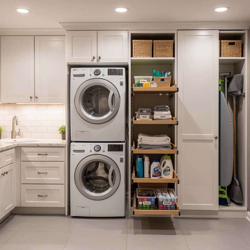 Basement laundry room with custom pull-out shelving built into the cabinetry