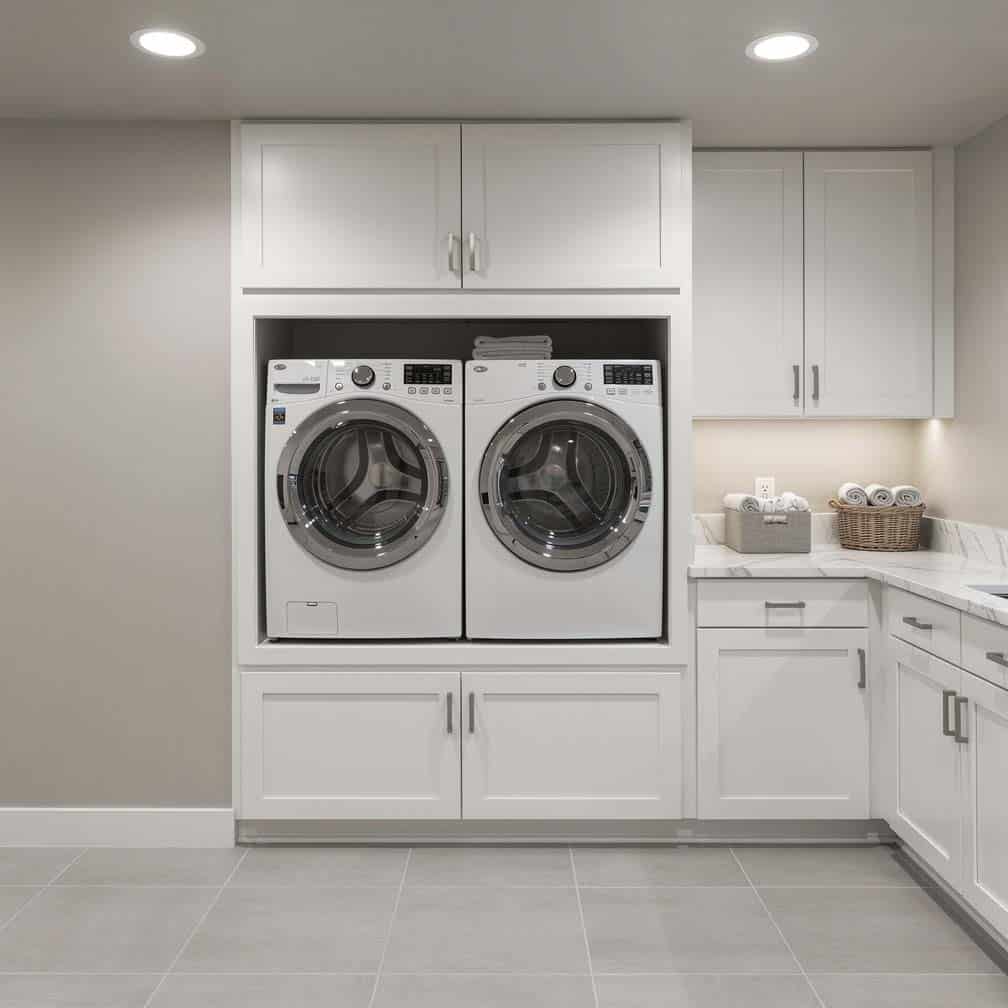 Basement laundry room with recessed wall niche housing the washer and dryer