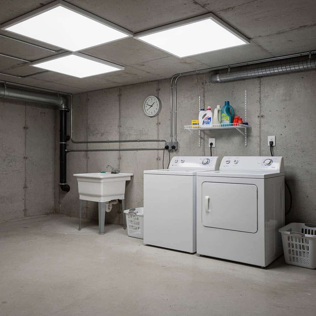 Unfinished basement laundry room with large LED panel ceiling lights