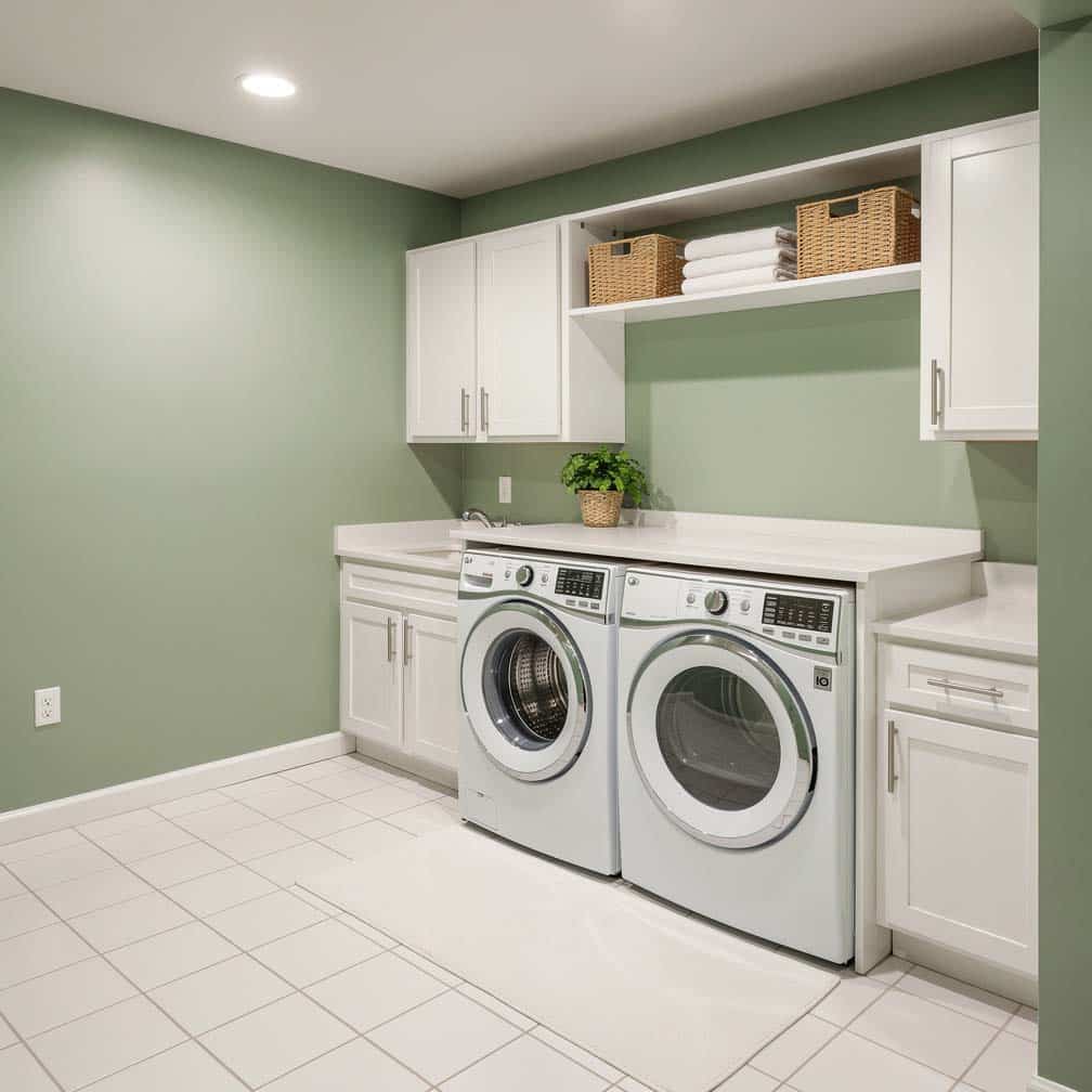 Bright basement laundry room with sage green painted walls and all-white cabinets