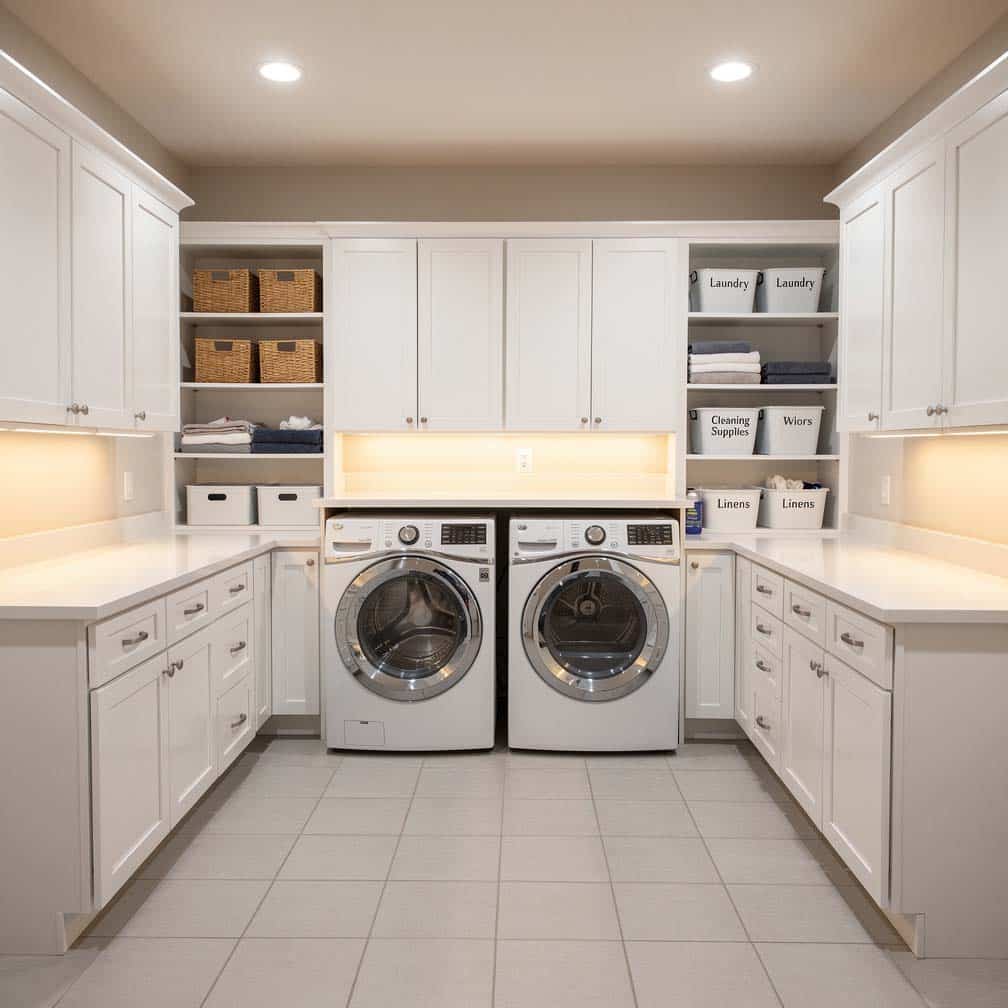 Basement laundry room with wrap-around white storage cabinets on three walls