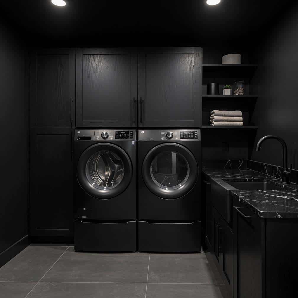 Dark basement laundry room with black front-load washer and dryer matching dark cabinets