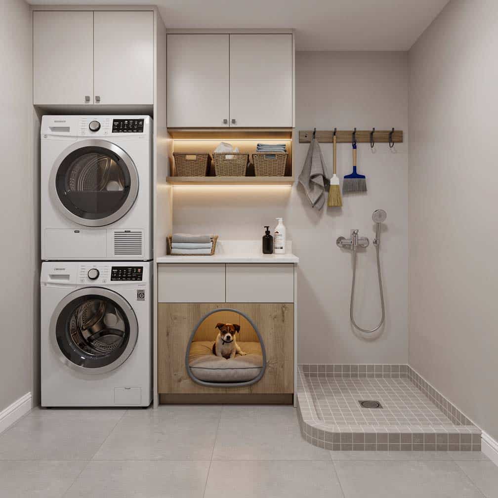 Compact basement laundry room with built-in dog bed nook and small wet area for pet washing