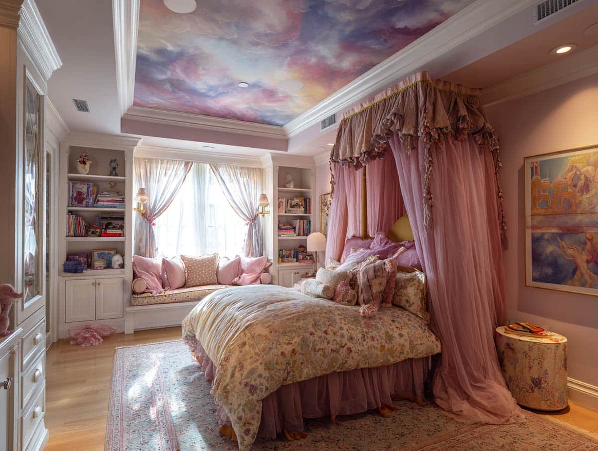 Princess bedroom with painted clouds on ceiling