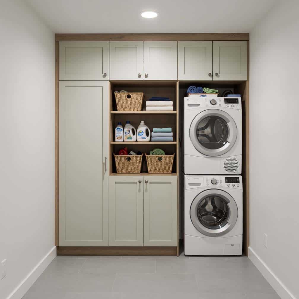 Basement closet converted to laundry room with original cabinetry repurposed for storage