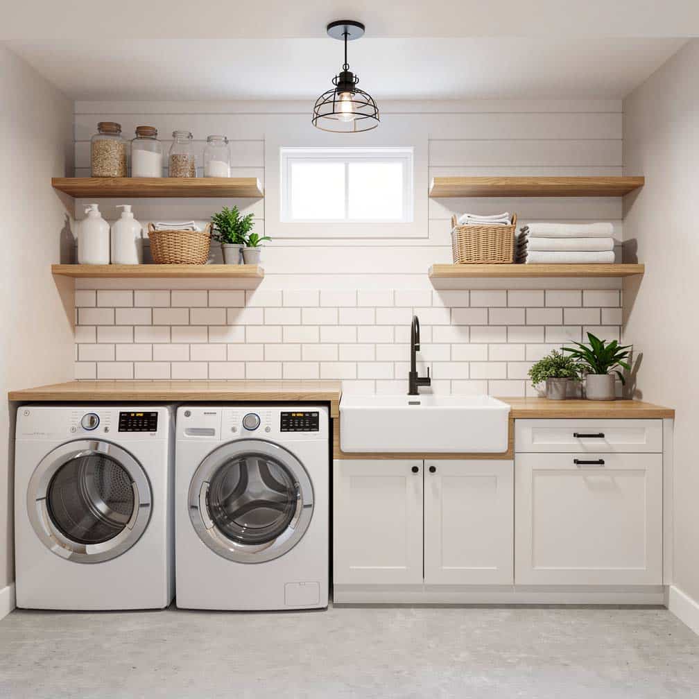 Farmhouse basement laundry room with white subway tile backsplash and open wood shelving
