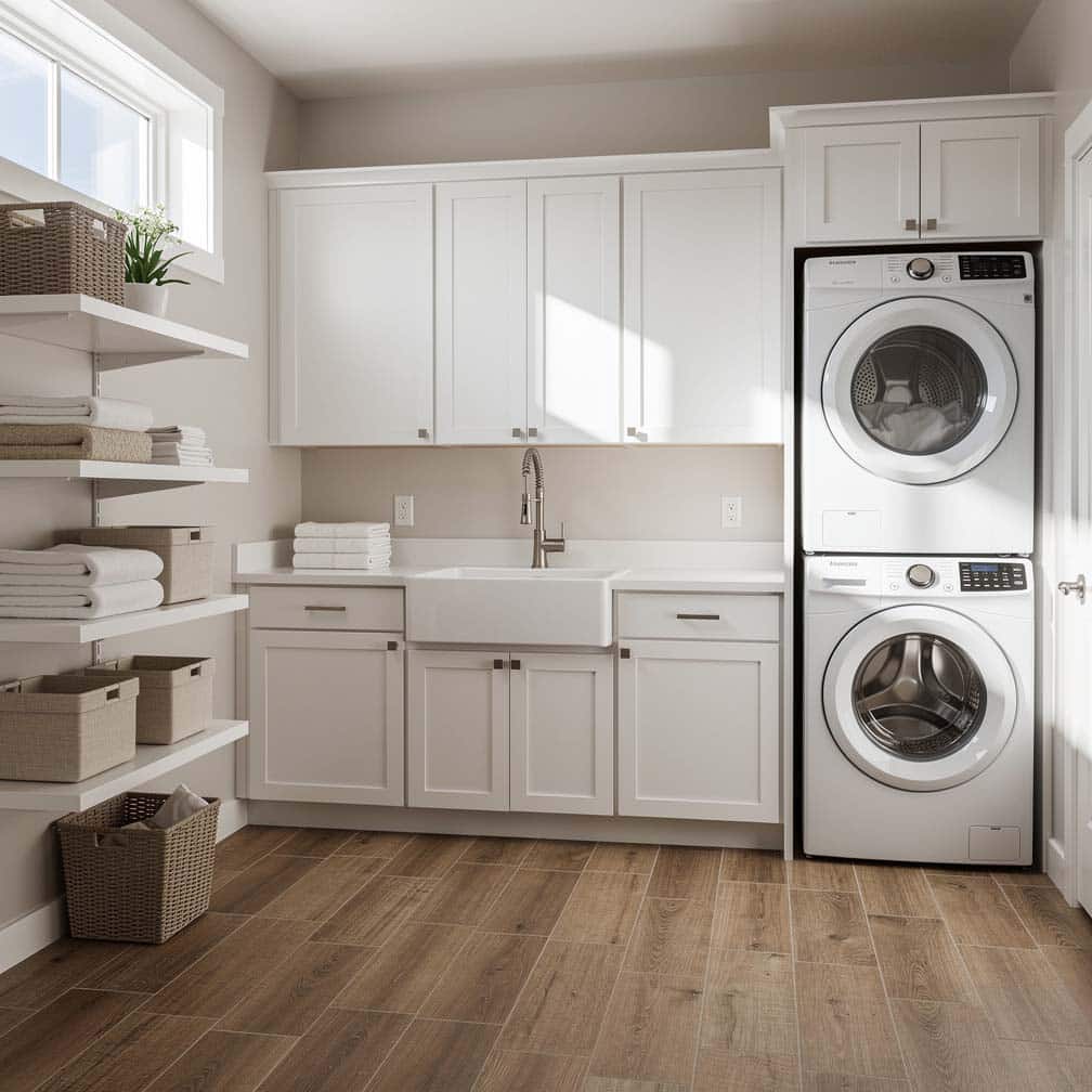 Finished basement laundry room with white shaker cabinets and wood-look tile floor