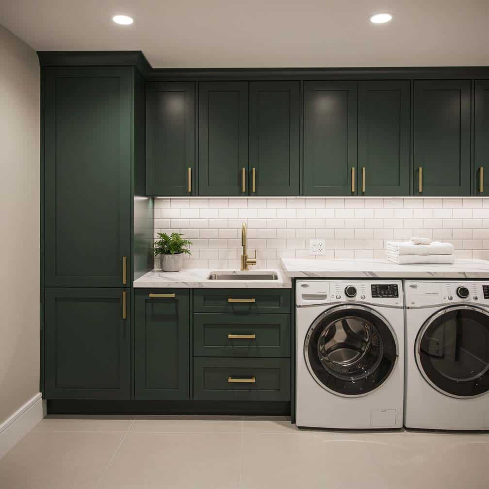 Basement laundry room with forest green cabinets, white quartz countertop, and utility sink