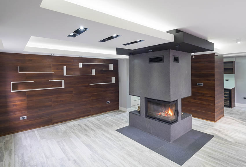 Interior design modern fireplace with built in wood laminate and shelves