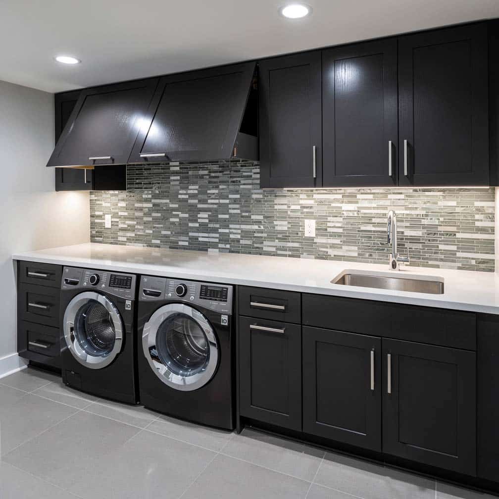 Contemporary basement laundry with dark charcoal cabinets and washing machine enclosure