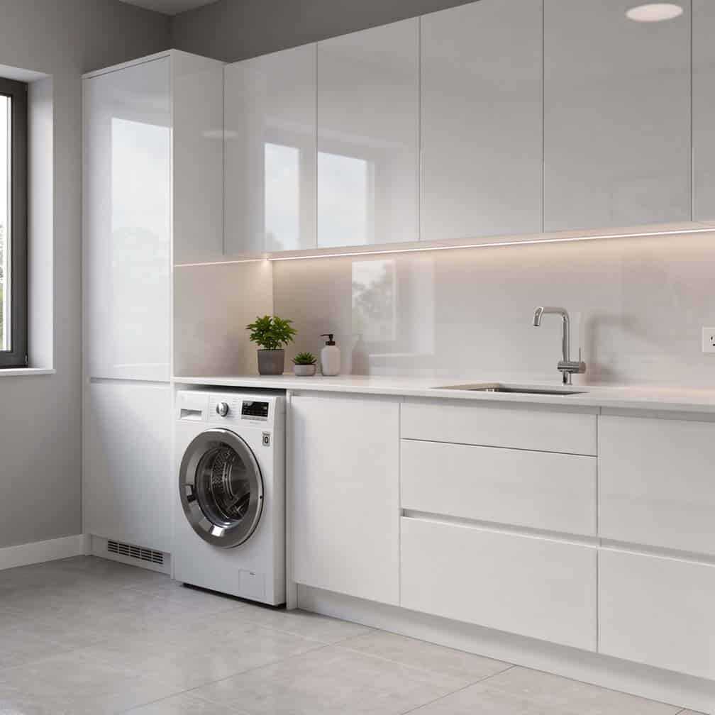 Modern kitchen with integrated laundry area and high-gloss white lacquer cabinets