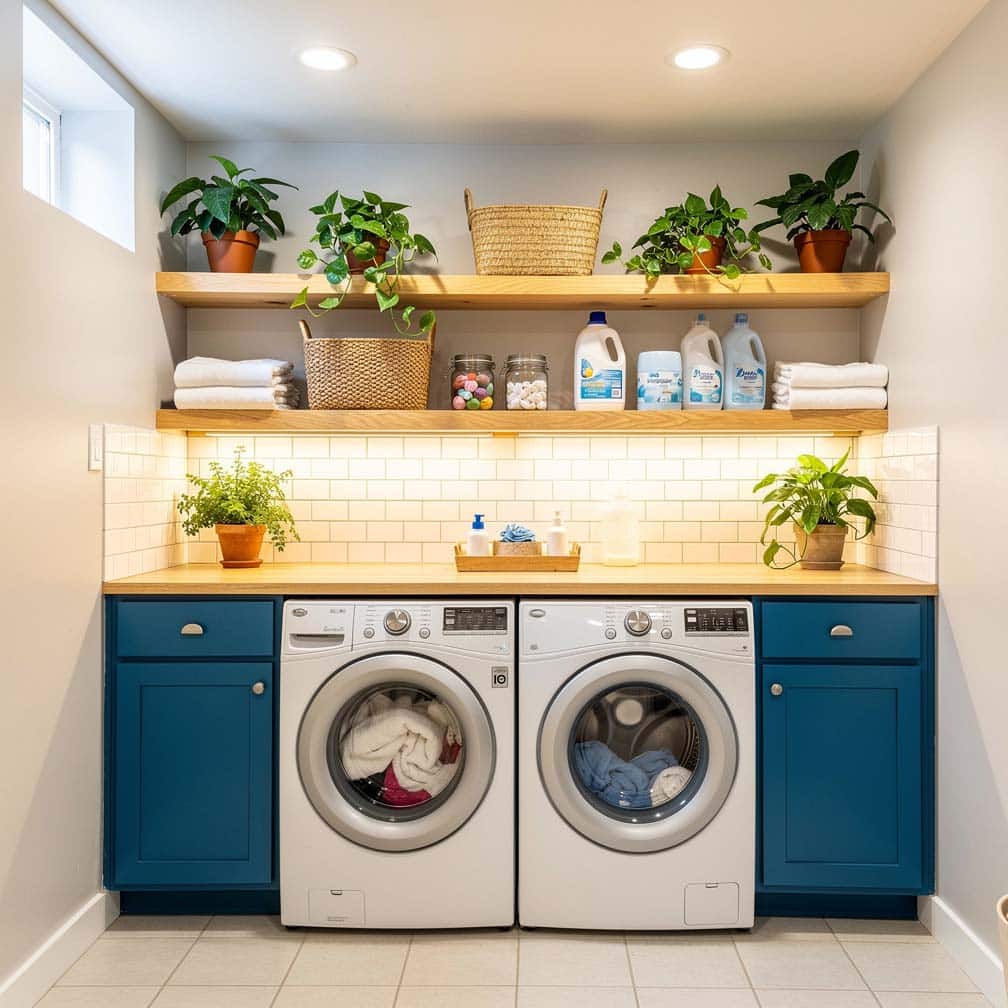 Small basement laundry room with bright blue cabinets, wood shelves, and indoor plants