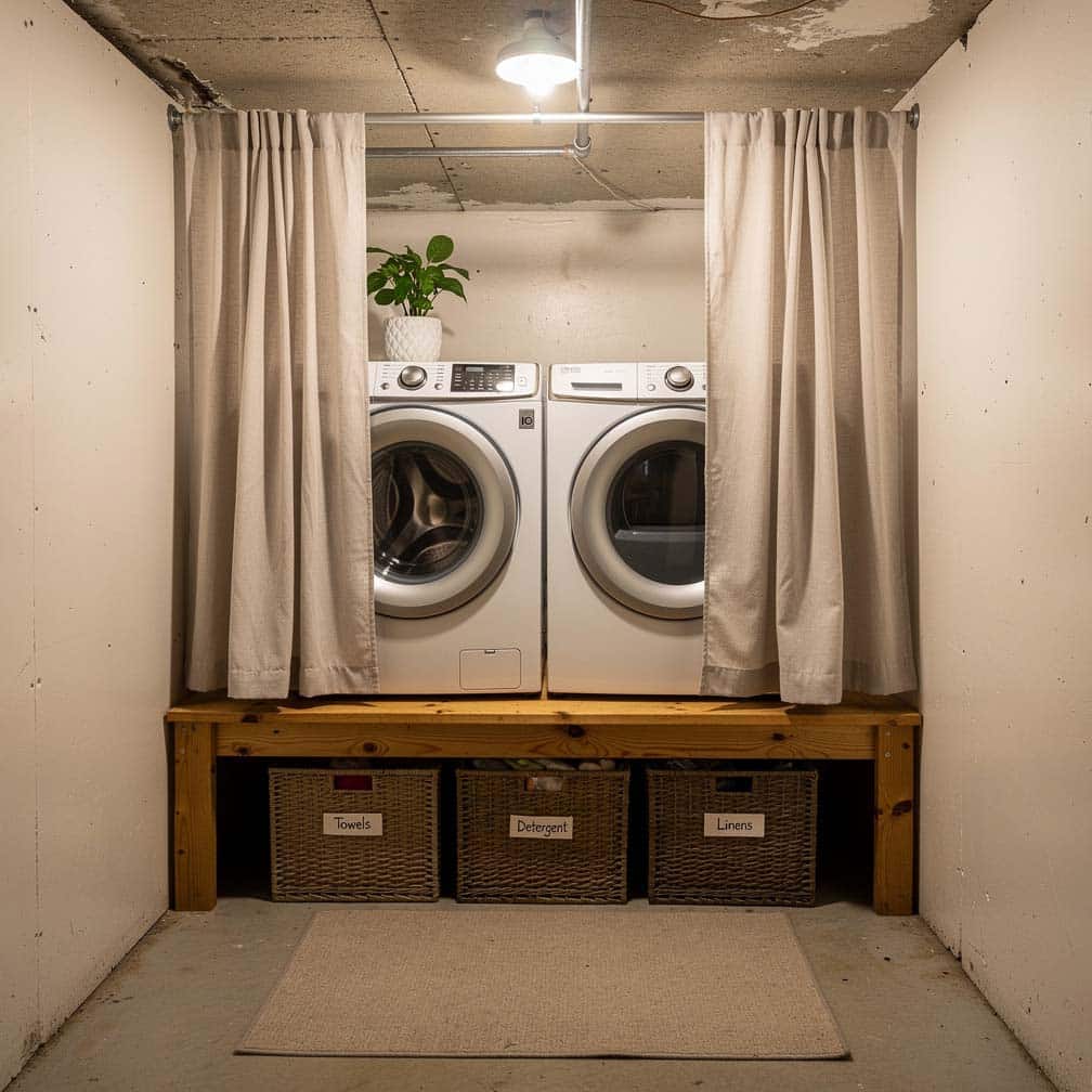 Small closet laundry room with curtain panels hiding the machines on a raised platform