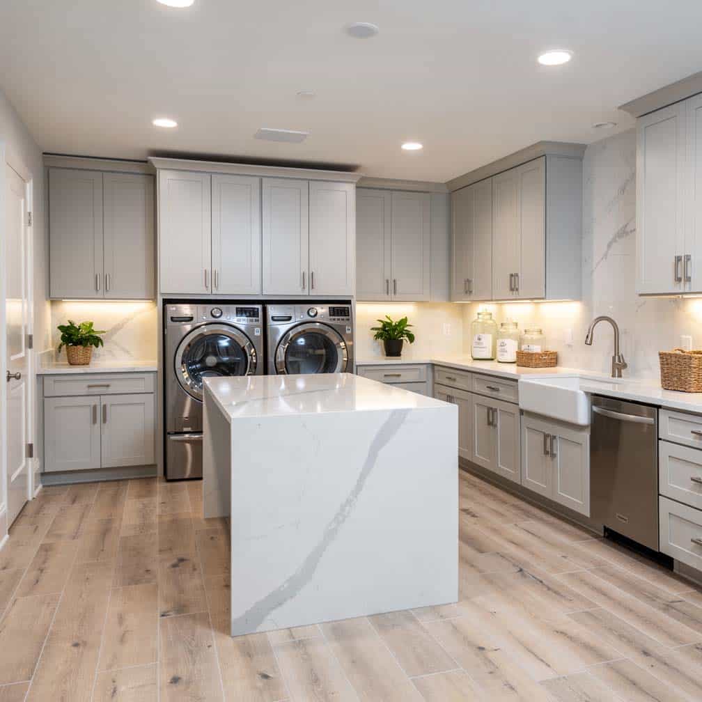 Spacious basement laundry room with large center island for folding clothes