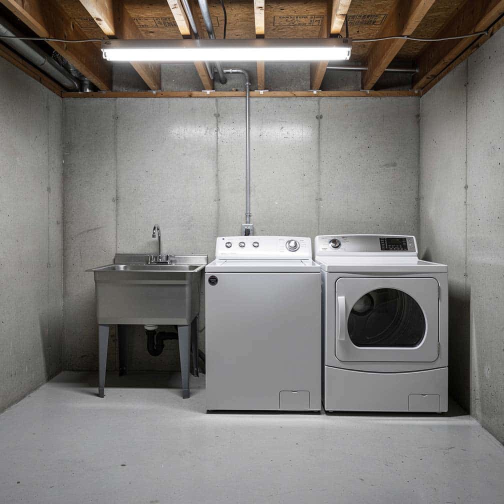 Minimalist basement laundry with freestanding stainless steel utility sink
