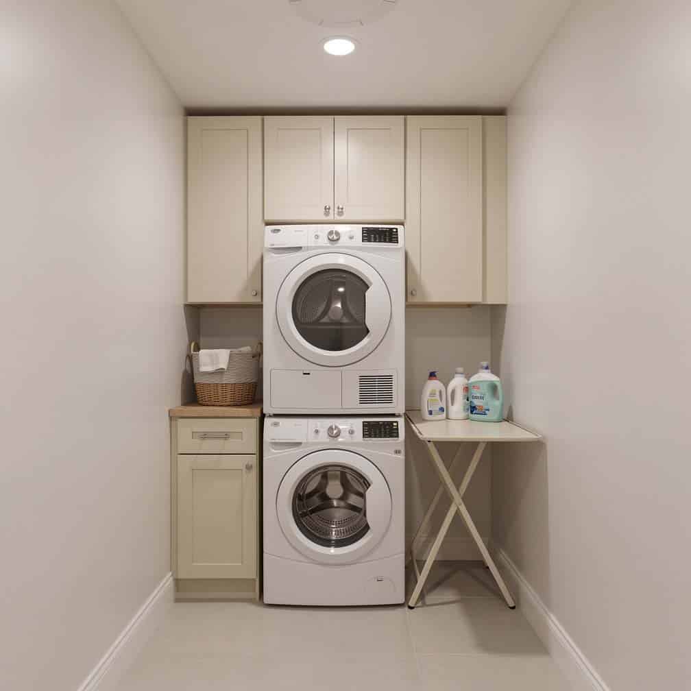 Tiny basement laundry room with stackable washer-dryer and bisque-colored cabinets