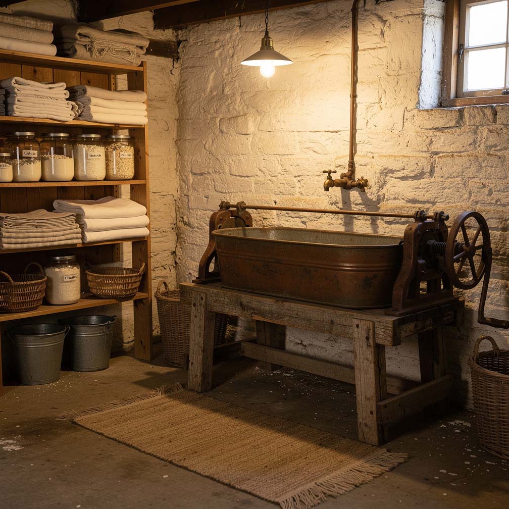 Vintage basement laundry with antique copper wash tub on a wooden stand