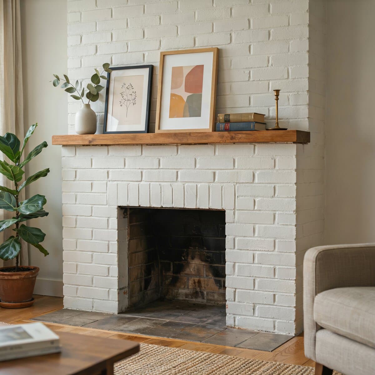 Whitewashed brick fireplace with a wood mantel holding framed art and greenery