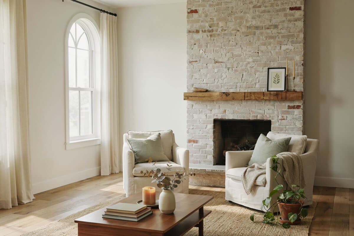 Bright living room with a whitewashed brick fireplace and two cozy armchairs