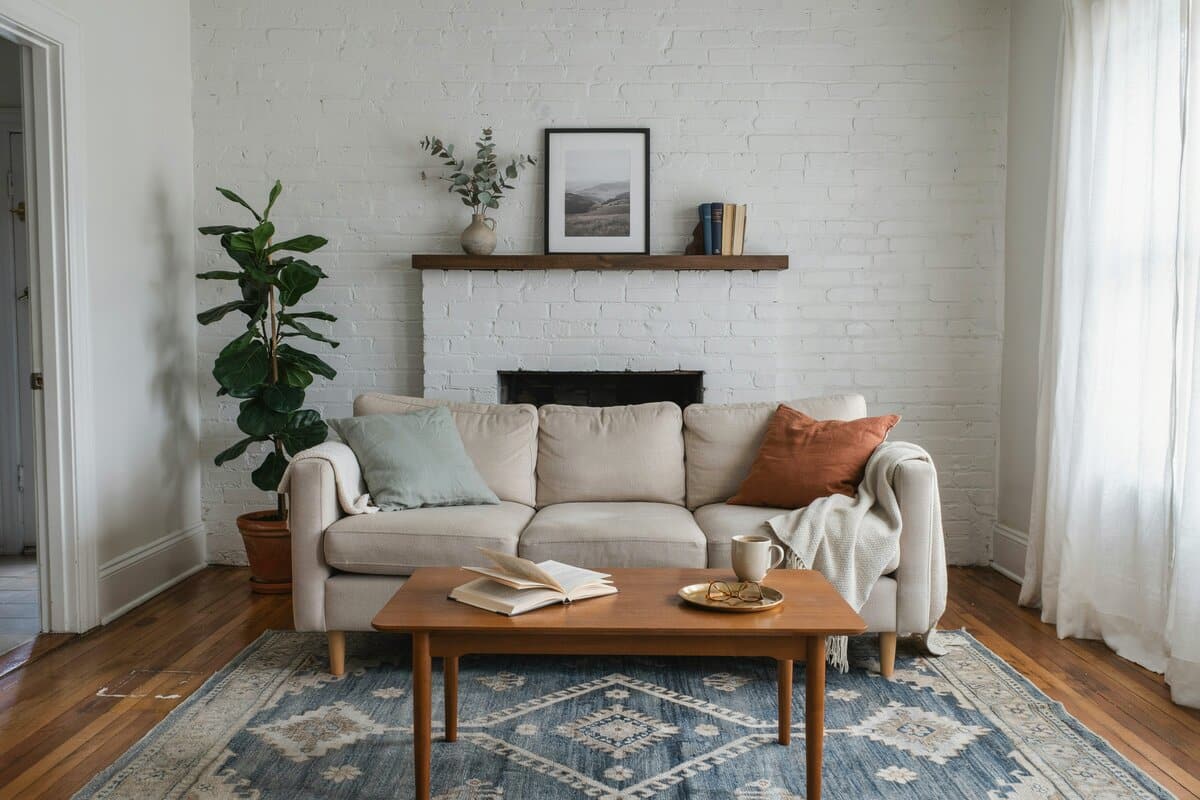 Cream sofa and patterned blue rug beside a whitewashed brick fireplace