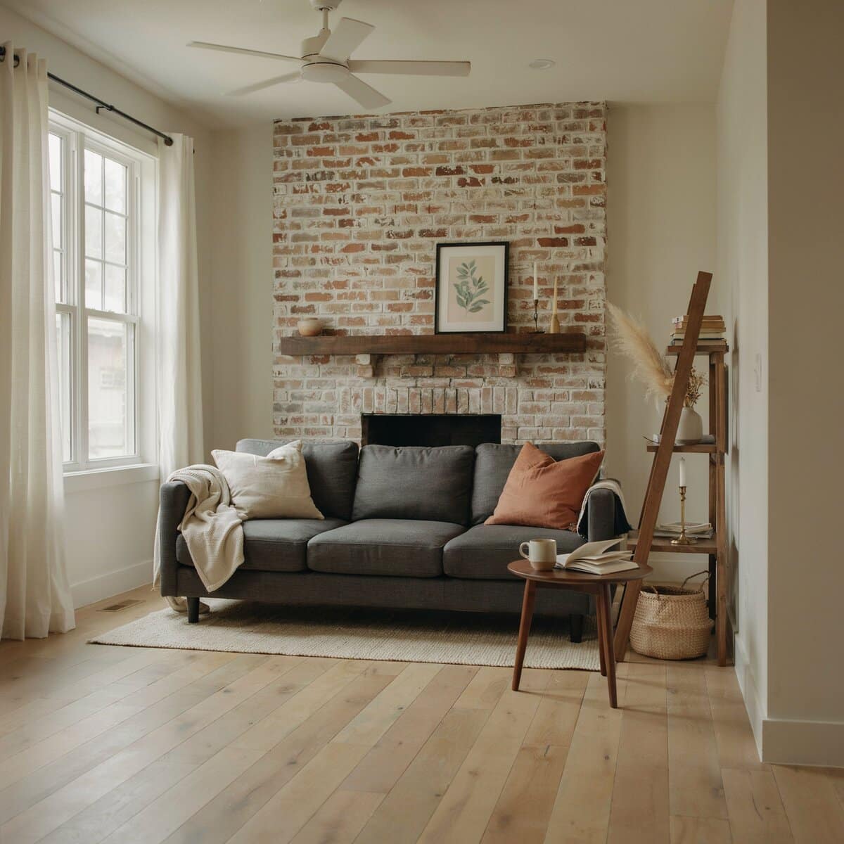 Limewashed brick fireplace with a grey sofa and wooden blanket ladder