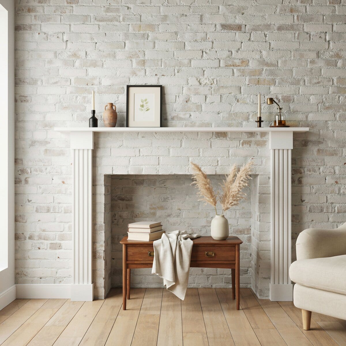 White brick fireplace with column trim and a wooden console table below