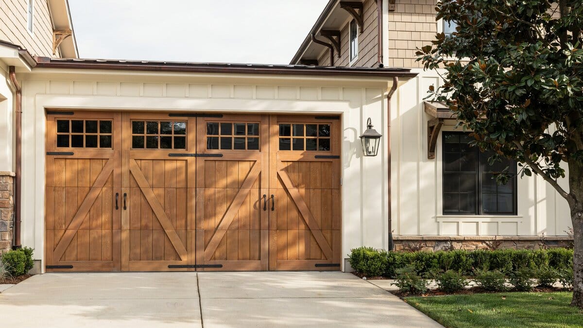 Wood carriage garage doors with criss cross planks and black iron hardware
