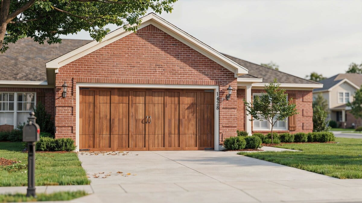 Composite doors with wood grain grooves and overlay trim on brick