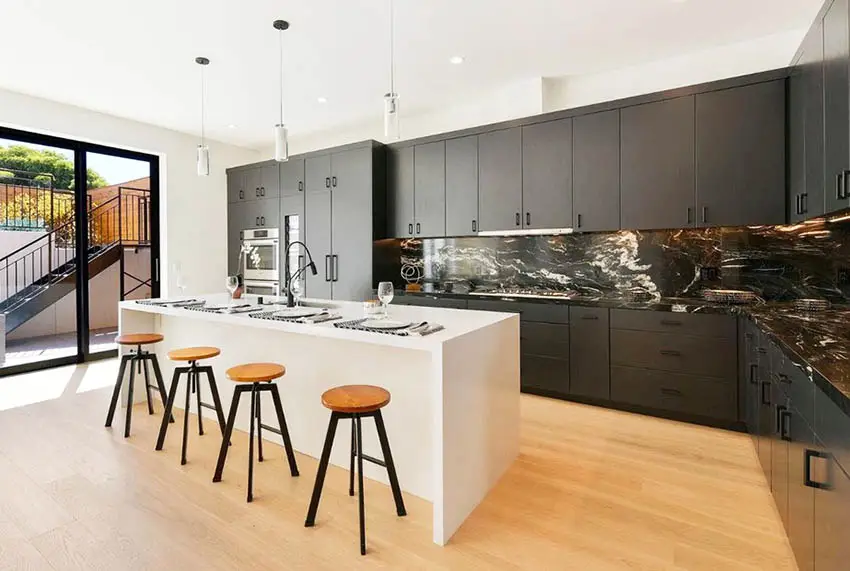 Kitchen with European style hinges, black cabinets and white island