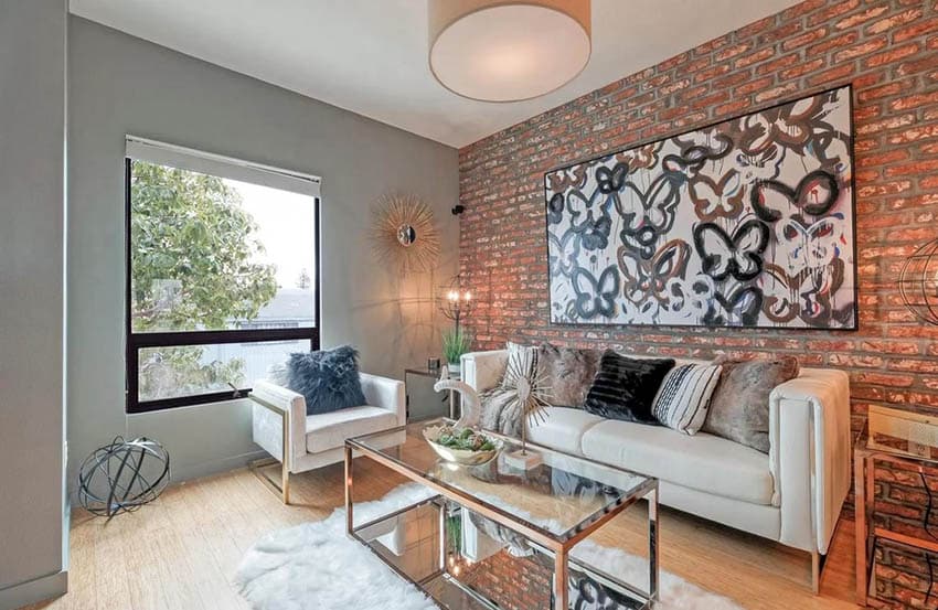 Contemporary living room with exposed brick wall