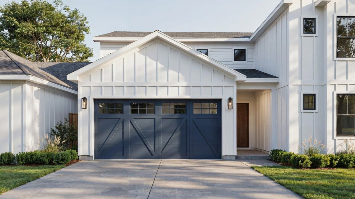 Navy blue barn style door with criss cross planks and square windows