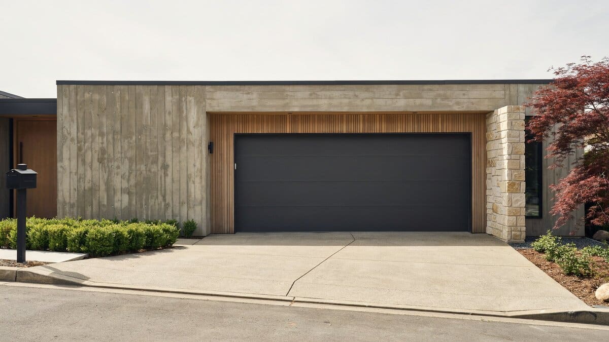 Flush dark gray slab garage door with no panel seams beside stone wall