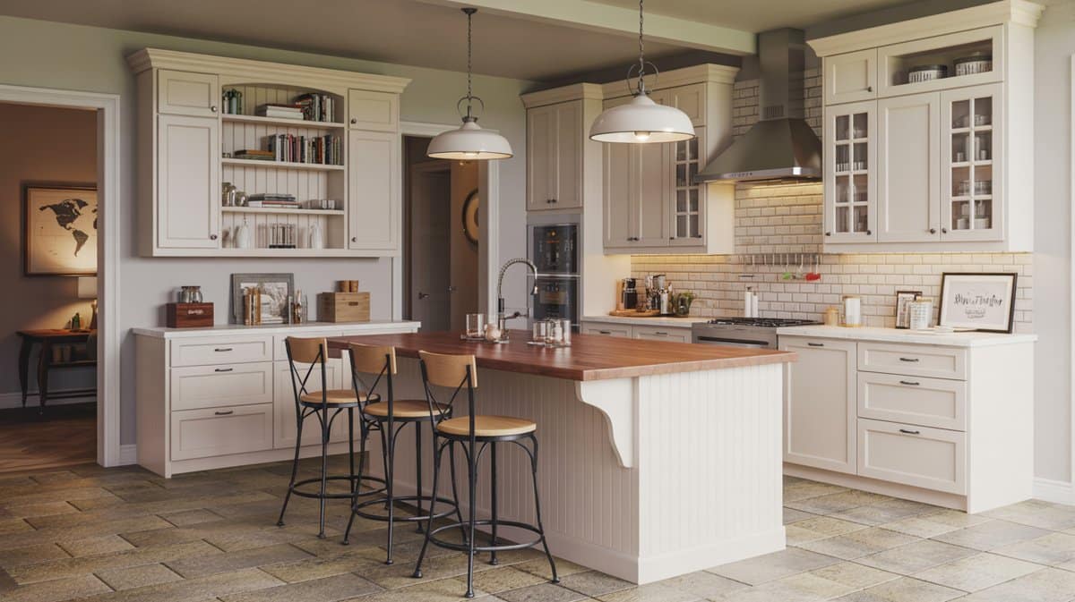 Farmhouse-style cream kitchen with butcher block island, white dome pendants, and wrought iron counter stools