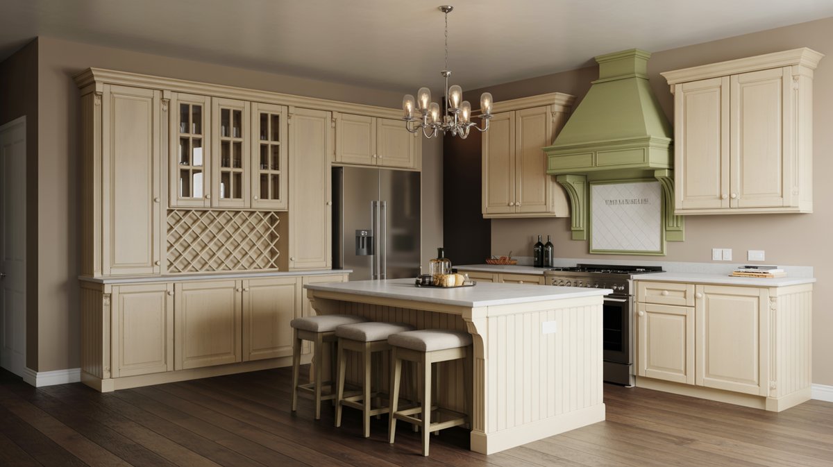 Traditional kitchen with a decorative green painted range hood, chandelier pendant light, and beadboard island