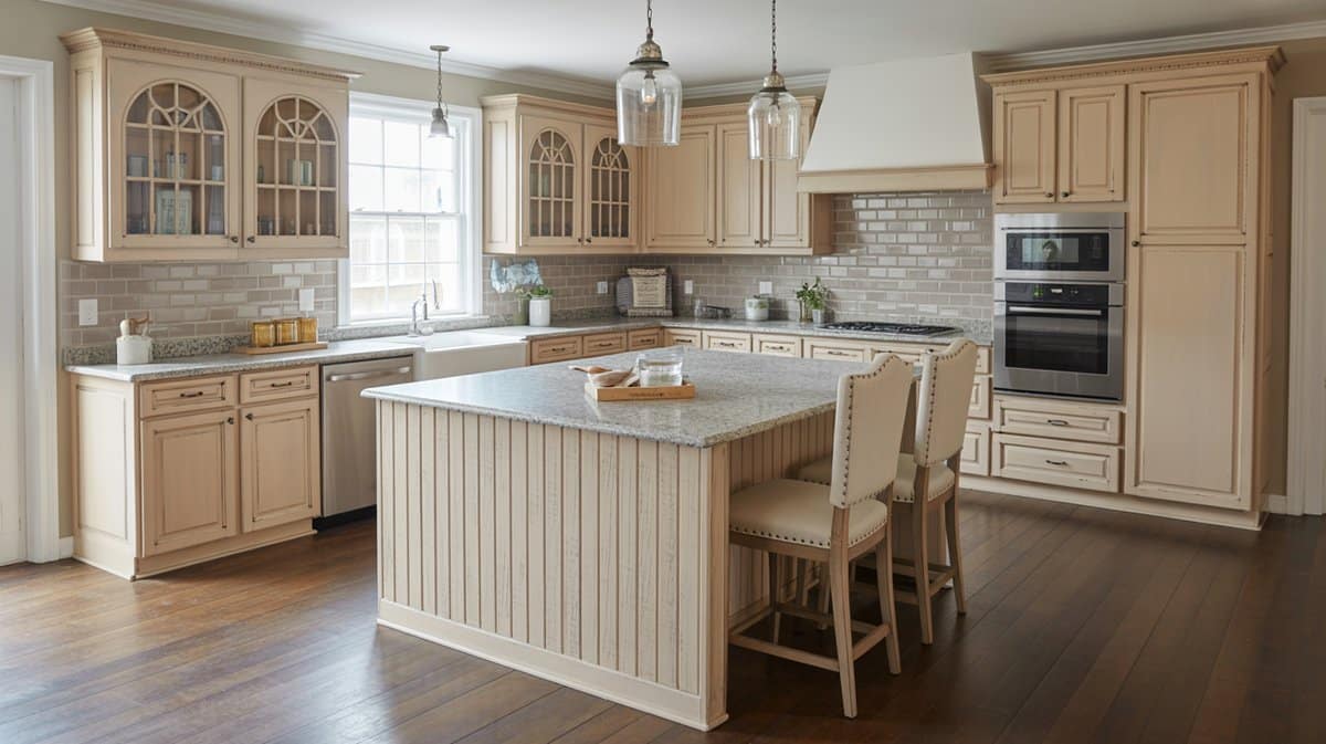 Traditional cream kitchen with beadboard-paneled island sides, glass bell jar pendant lights, and dark hardwood