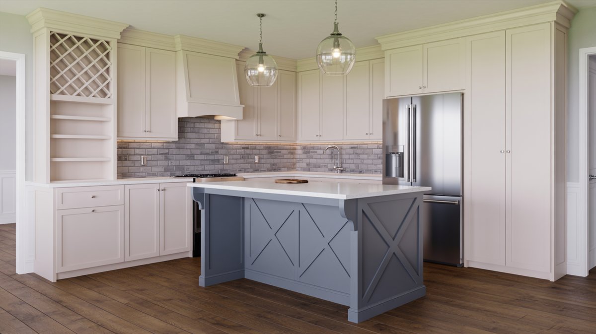 Cream kitchen with built-in wine rack, gray X-brace island, globe pendant lights, and dark hardwood floors