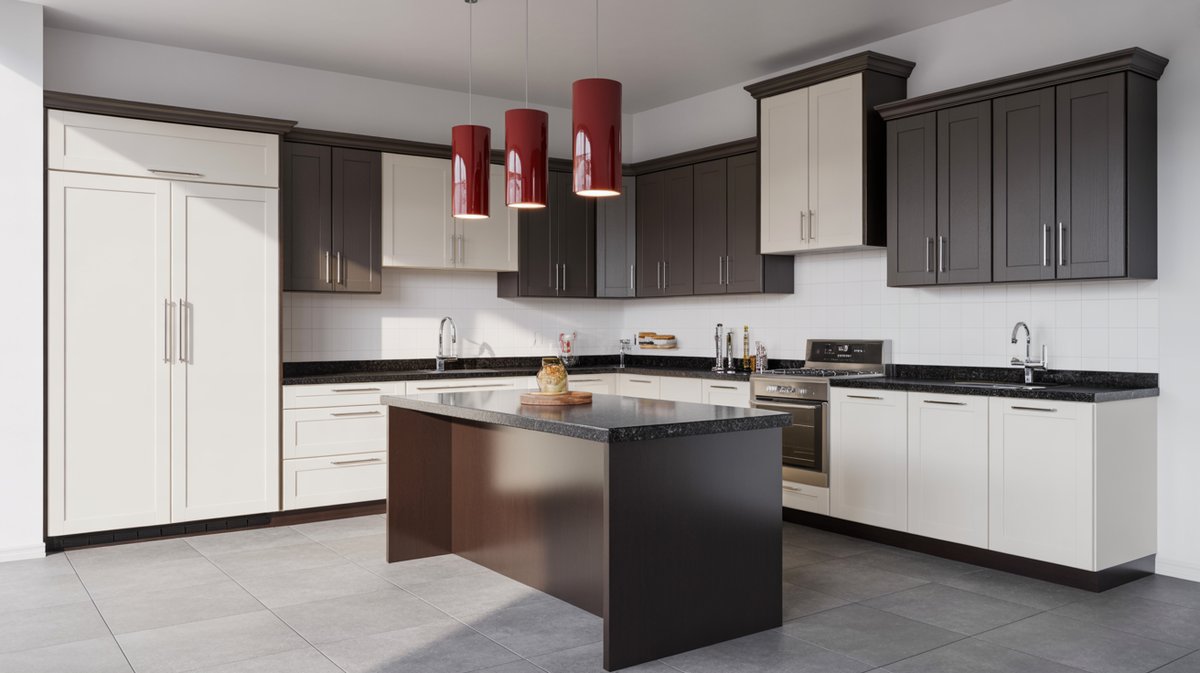 Two-tone dark espresso and cream kitchen with bold red cylinder pendant lights and dark granite island