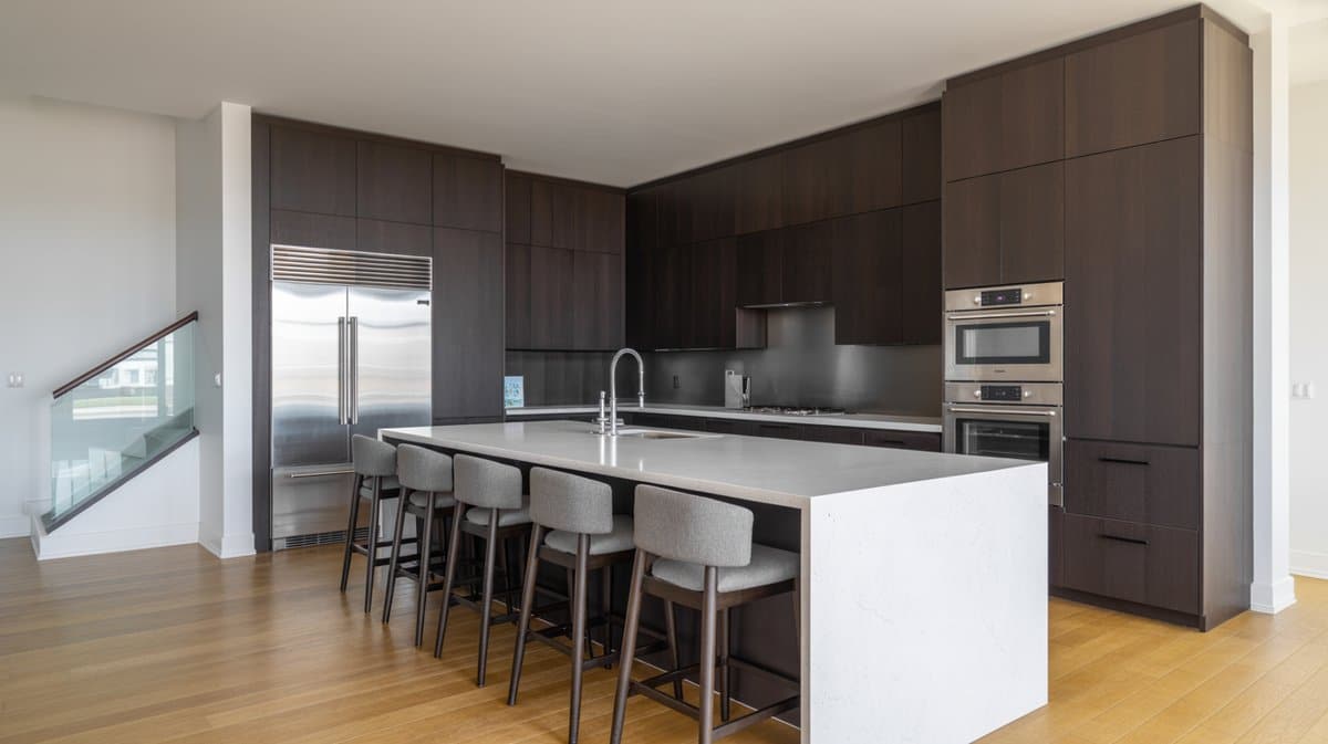 Contemporary dark espresso flat-front kitchen with white waterfall island, gray bar stools, and glass stair railing