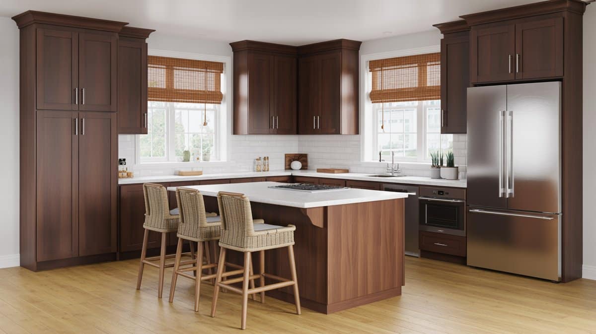 Dark espresso shaker kitchen with a natural oak-finish island, woven rattan bar stools, and bamboo window shades