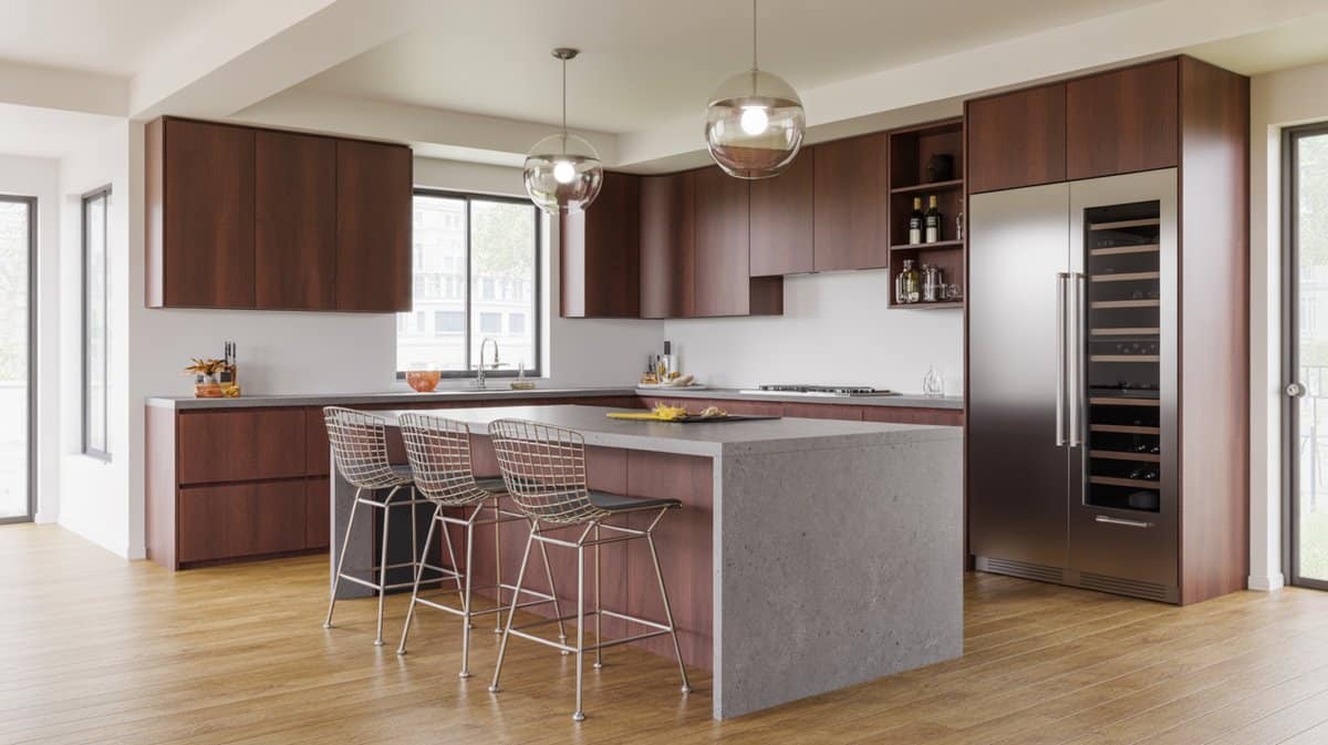 Dark mahogany kitchen with a concrete-look island, wire bar stools, built-in wine fridge, and globe pendants