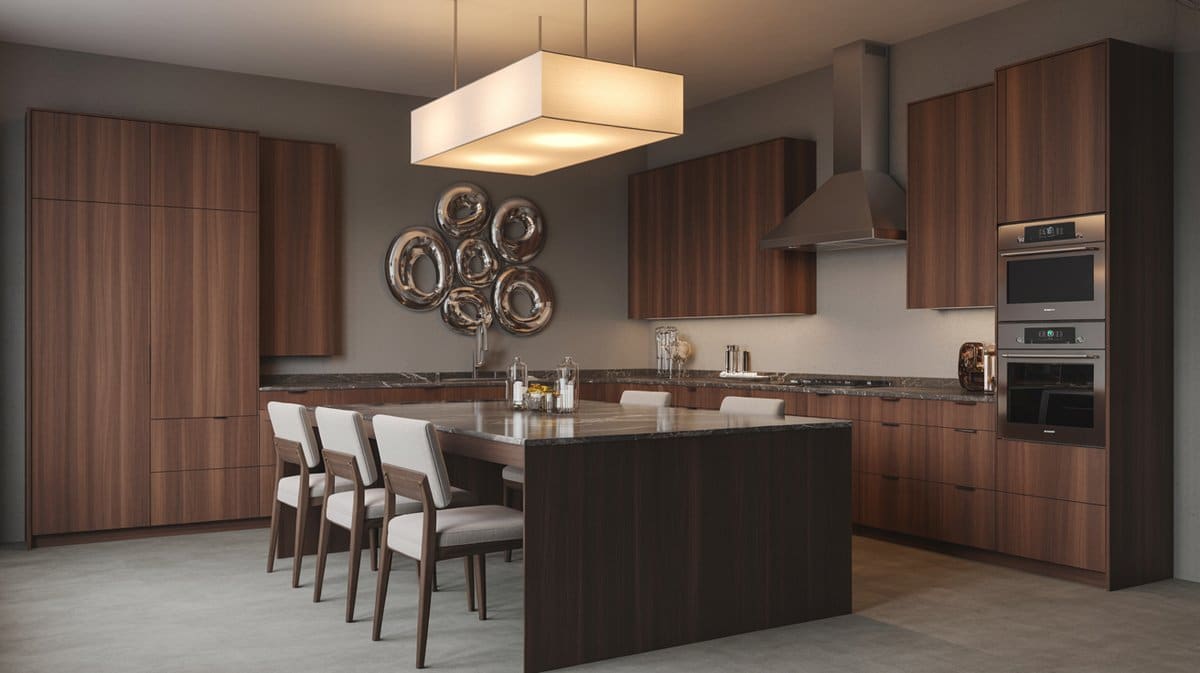 Dark walnut modern kitchen with a square drum pendant light, abstract metallic wall art, and white dining chairs