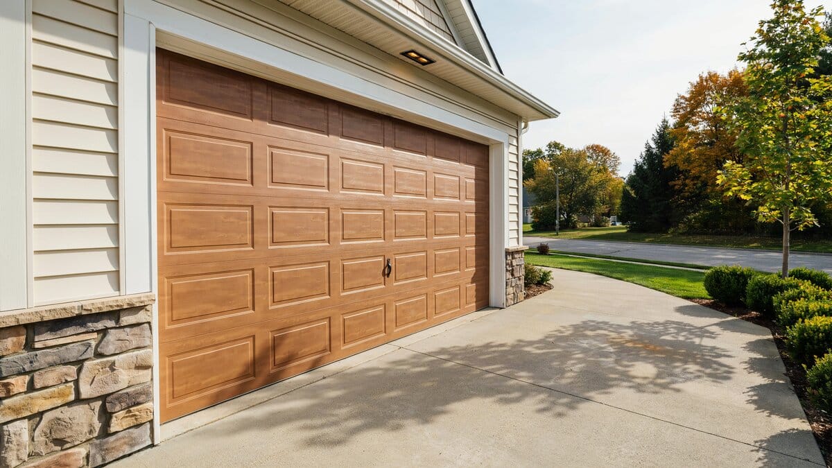 Lightweight fiberglass door with wood grain texture in an aluminum frame