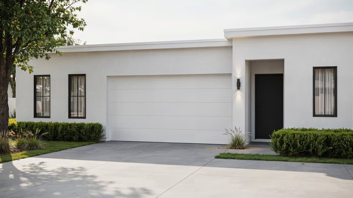 White contemporary house with a wide vinyl door and subtle panel lines