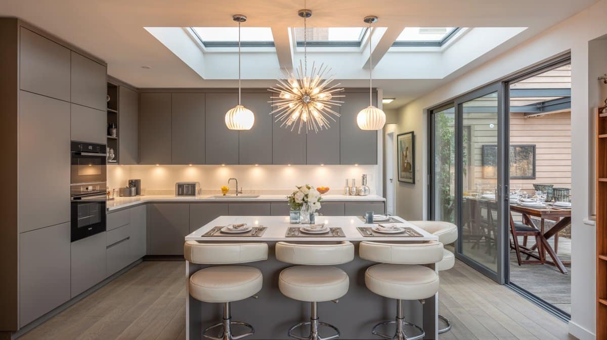 Gray flat-front L-shaped kitchen with sputnik chandelier, globe pendants, skylight, and dining table beside the island