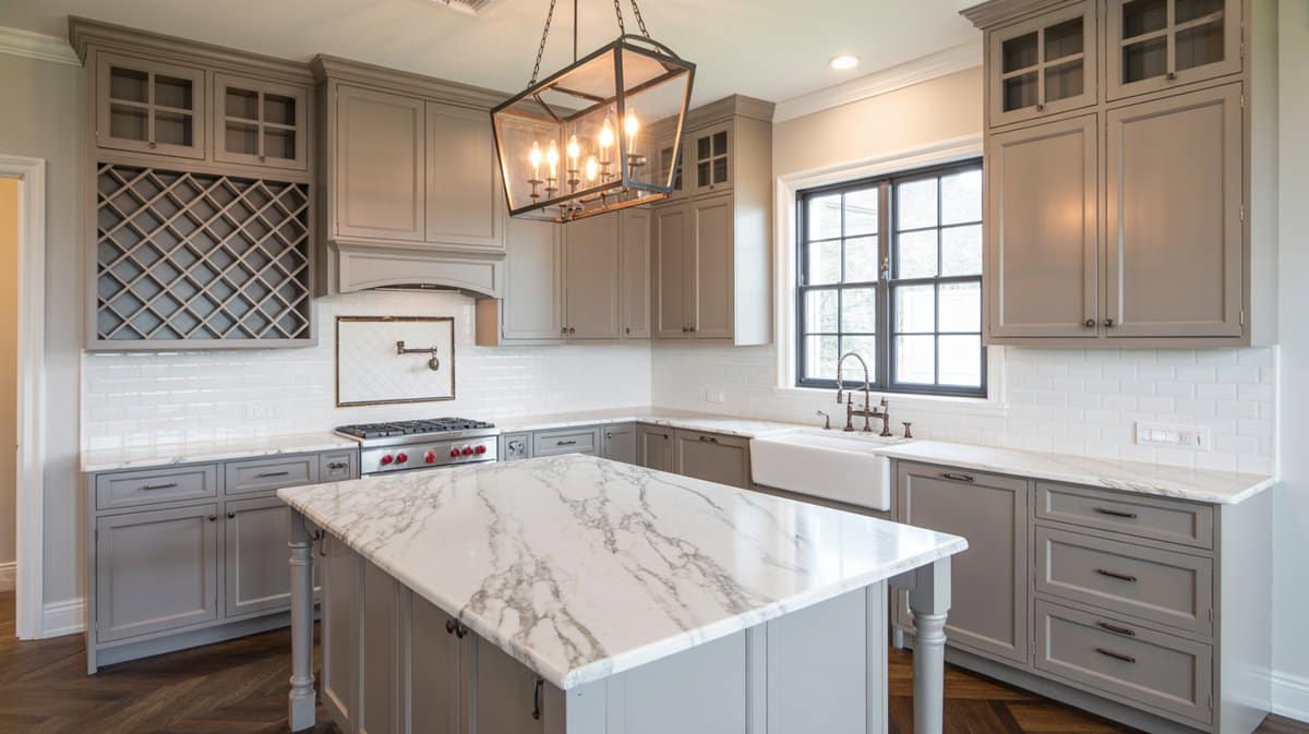 Gray shaker kitchen with a large marble island, geometric lantern pendant, and apron farmhouse sink