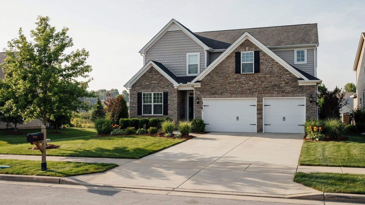 Three white paneled doors fronting a very wide concrete driveway