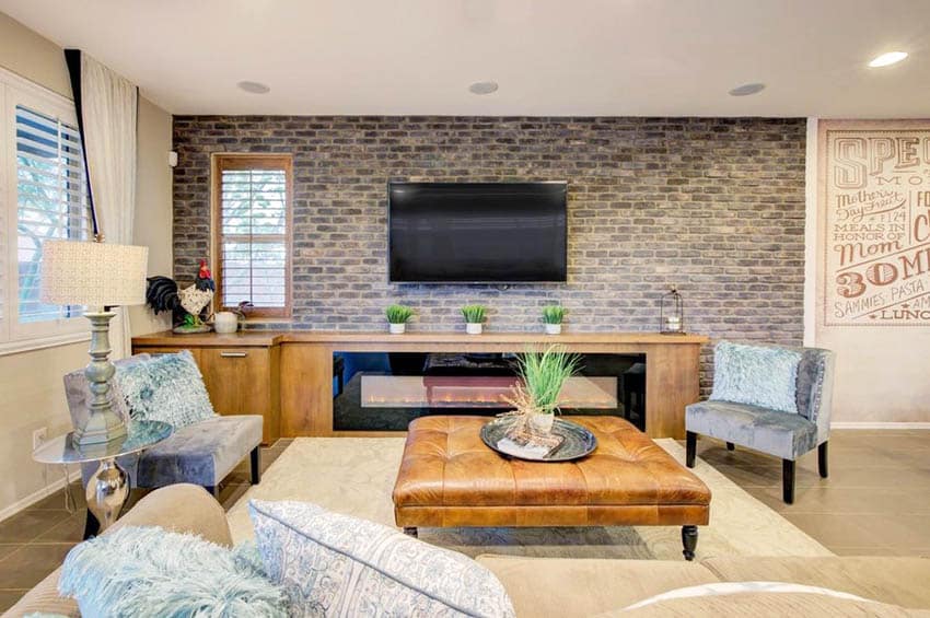 Living room with whitewashed brick accent wall