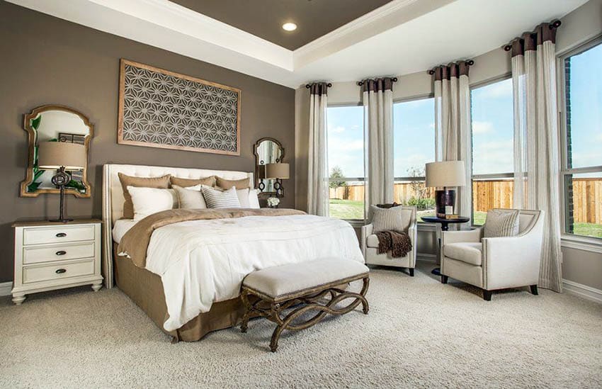 Master bedroom with dark brown paint, furniture and tray ceiling
