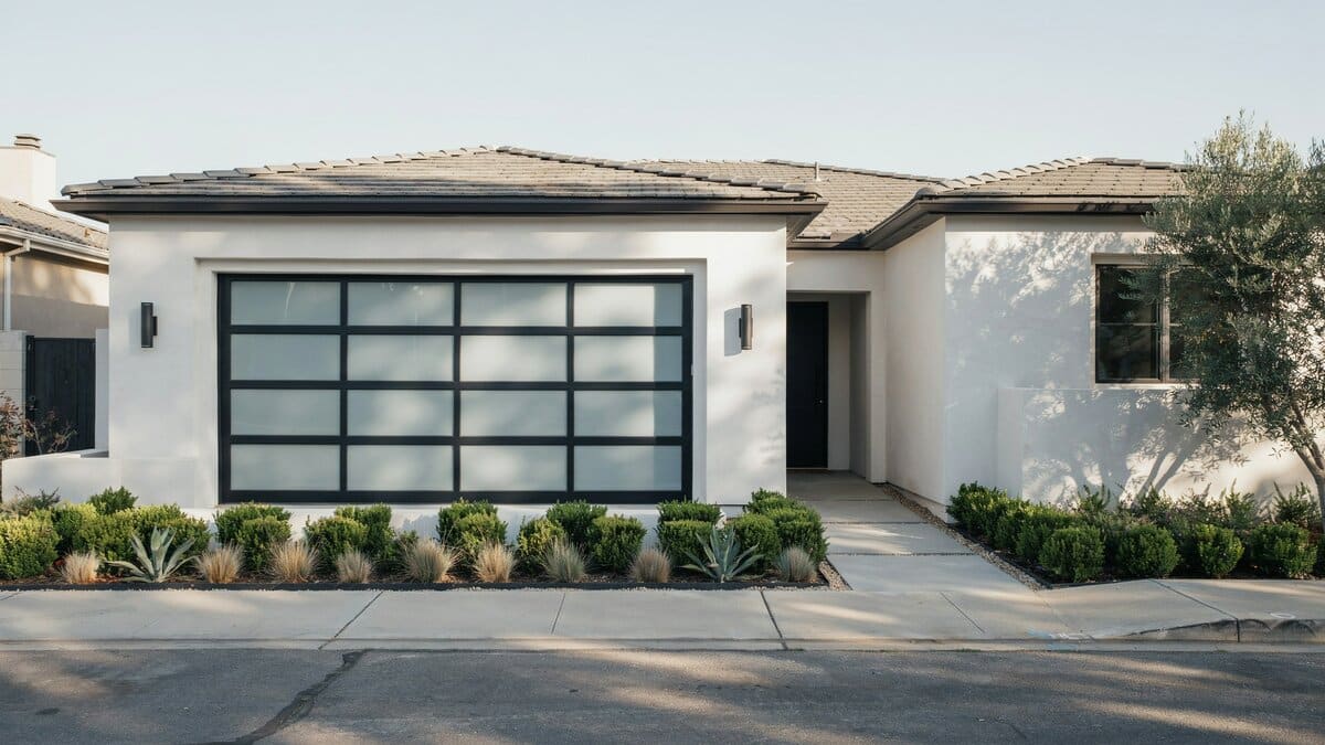 Large frosted glass panels in a dark frame on a white stucco house